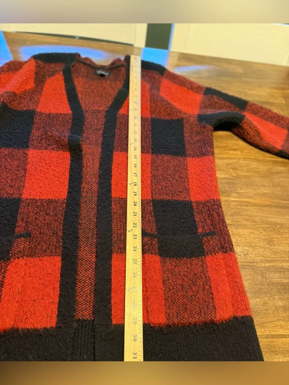 Lucky Brand Woman’s Black Red Buffalo Plaid Cardigan Sweater SZ M Long Pockets - Picture 10 of 10